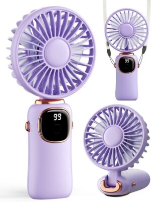ColdSky Portable Handheld Fan, 4000mAh Battery Operated 3 in 1 Multifunction Personal Travel Fan with Digital Display, 90° Foldable Desk Fan with Base, 5 Speed Lash Fan for Makeup/Commute/Office