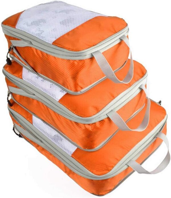 SKEIDO 3Pcs Luggage Suitcase Organizer Set Compression Packing Cubes Travel Storage Bag Foldable Waterproof Nylon（Orange)