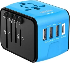 Disgian Travel Adapter, Universal International Power Adapter with 3USB Port And Type-C International Wall Charger Worldwide AC Power Plug for Multi-nation Travel UK, EU, AU Over 200 Countries (Blue)