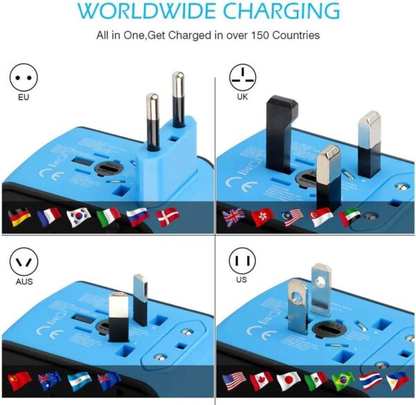 Disgian Travel Adapter, Universal International Power Adapter with 3USB Port And Type-C International Wall Charger Worldwide AC Power Plug for Multi-nation Travel UK, EU, AU Over 200 Countries (Blue)