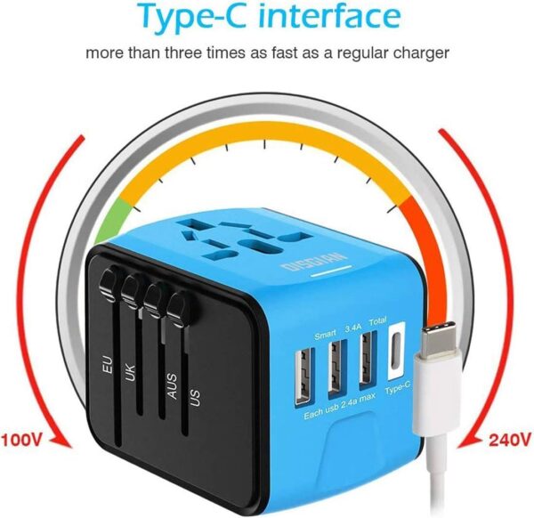 Disgian Travel Adapter, Universal International Power Adapter with 3USB Port And Type-C International Wall Charger Worldwide AC Power Plug for Multi-nation Travel UK, EU, AU Over 200 Countries (Blue)