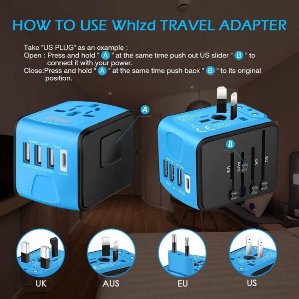 Disgian Travel Adapter, Universal International Power Adapter with 3USB Port And Type-C International Wall Charger Worldwide AC Power Plug for Multi-nation Travel UK, EU, AU Over 200 Countries (Blue)